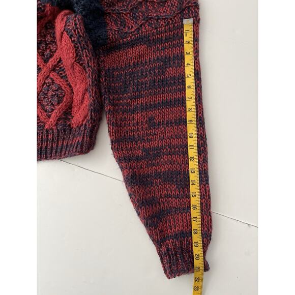 VTG SOH Chunky Sweater Men S Red Blue Cable Knit Cabincore Grandpa Handmade - Picture 7 of 8